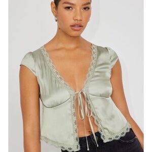 Garage Seagrass green Lace-Trimmed Tie-Front Top